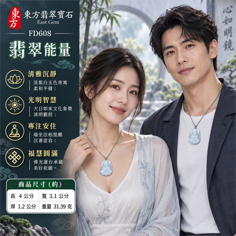 淡紫白拱頂圓角厚牌大日如來端坐蓮台翡翠玉珮項鍊|光明智慧・清淨定心・慈悲祥和・平安守護・福慧圓滿|天然A貨翡翠・淡紫白色玉質・拱頂圓角厚牌・正面大日如來坐像雕刻・圓形佛光構圖・立體衣紋與蓮座・背面素面・銀灰色金屬吊頭・銀灰色鍊條|緬甸天然A貨翡翠・淡紫白玉色|商品代碼FD608|附中國玉石鑑定所與東方翡翠寶石雙證書 2 淡紫白拱頂圓角厚牌大日如來端坐蓮台翡翠玉珮項鍊|光明智慧・清淨定心・慈悲祥和・平安守護・福慧圓滿|天然A貨翡翠・淡紫白色玉質・拱頂圓角厚牌・正面大日如來坐像雕刻・圓形佛光構圖・立體衣紋與蓮座・背面素面・銀灰色金屬吊頭・銀灰色鍊條|緬甸天然A貨翡翠・淡紫白玉色|商品代碼FD608|附中國玉石鑑定所與東方翡翠寶石雙證書 2