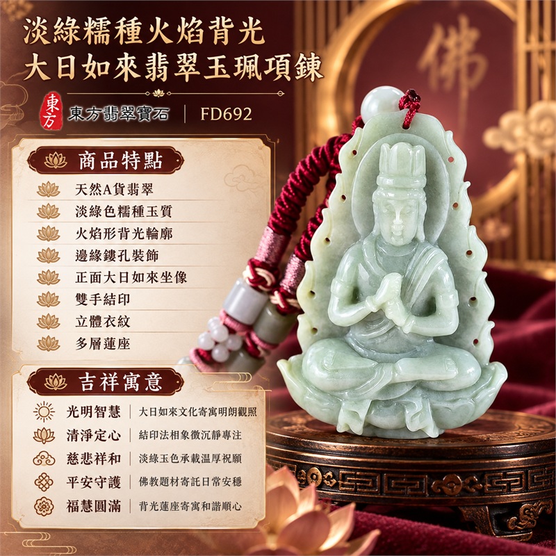 淡綠糯種火焰背光大日如來結印蓮座翡翠玉珮項鍊|光明智慧・清淨定心・慈悲祥和・平安守護・福慧圓滿|天然A貨翡翠・淡綠色糯種玉質・火焰形背光輪廓・邊緣鏤孔裝飾・正面大日如來坐像・雙手結印・立體衣紋・多層蓮座・背面素面・酒紅色編繩|緬甸天然A貨翡翠・淡綠糯種|商品代碼FD692|可客製訂做各式翡翠大日如來玉珮項鍊|附中國玉石鑑定所與東方翡翠寶石雙證書 1 淡綠糯種火焰背光大日如來結印蓮座翡翠玉珮項鍊|光明智慧・清淨定心・慈悲祥和・平安守護・福慧圓滿|天然A貨翡翠・淡綠色糯種玉質・火焰形背光輪廓・邊緣鏤孔裝飾・正面大日如來坐像・雙手結印・立體衣紋・多層蓮座・背面素面・酒紅色編繩|緬甸天然A貨翡翠・淡綠糯種|商品代碼FD692|可客製訂做各式翡翠大日如來玉珮項鍊|附中國玉石鑑定所與東方翡翠寶石雙證書 1