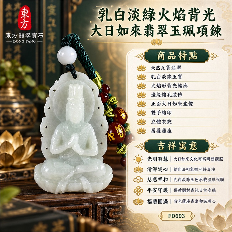 乳白淡綠火焰背光大日如來結印蓮座翡翠玉珮項鍊|光明智慧・清淨定心・慈悲祥和・平安守護・福慧圓滿|天然A貨翡翠・乳白淡綠玉質・火焰形背光輪廓・邊緣鏤孔裝飾・正面大日如來坐像・雙手結印・立體衣紋・層疊蓮座・背面素面・墨綠編繩・紅色圓珠|緬甸天然A貨翡翠・淡綠糯種|商品代碼FD693|可客製訂做各式翡翠大日如來玉珮項鍊|附中國玉石鑑定所與東方翡翠寶石雙證書 1 乳白淡綠火焰背光大日如來結印蓮座翡翠玉珮項鍊|光明智慧・清淨定心・慈悲祥和・平安守護・福慧圓滿|天然A貨翡翠・乳白淡綠玉質・火焰形背光輪廓・邊緣鏤孔裝飾・正面大日如來坐像・雙手結印・立體衣紋・層疊蓮座・背面素面・墨綠編繩・紅色圓珠|緬甸天然A貨翡翠・淡綠糯種|商品代碼FD693|可客製訂做各式翡翠大日如來玉珮項鍊|附中國玉石鑑定所與東方翡翠寶石雙證書 1