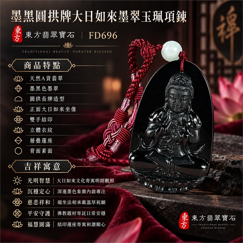 墨黑圓拱長牌大日如來結印蓮座天然墨翠玉珮項鍊|光明智慧・沉穩定心・慈悲祥和・平安守護・福慧圓滿|天然A貨翡翠・墨黑色墨翠・圓拱長牌造型・正面大日如來坐像・雙手結印・立體衣紋・層疊蓮座・背面素面・酒紅色編繩・白色頂珠|緬甸天然A貨翡翠・墨翠玉質|商品代碼FD696|可客製訂做各式翡翠大日如來玉珮項鍊|附FD696東方翡翠寶石保證書 1 墨黑圓拱長牌大日如來結印蓮座天然墨翠玉珮項鍊|光明智慧・沉穩定心・慈悲祥和・平安守護・福慧圓滿|天然A貨翡翠・墨黑色墨翠・圓拱長牌造型・正面大日如來坐像・雙手結印・立體衣紋・層疊蓮座・背面素面・酒紅色編繩・白色頂珠|緬甸天然A貨翡翠・墨翠玉質|商品代碼FD696|可客製訂做各式翡翠大日如來玉珮項鍊|附FD696東方翡翠寶石保證書 1