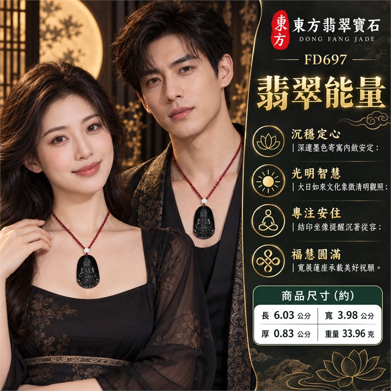 墨黑寬版圓拱大日如來結印寬展蓮座天然墨翠玉珮項鍊｜光明智慧・沉穩定心・慈悲祥和・平安守護・福慧圓滿｜天然A貨翡翠・墨黑色墨翠・寬版圓拱牌形・正面大日如來坐像・雙手結印・立體衣紋・寬展蓮座・背面素面・酒紅雙色編繩・白色頂珠｜緬甸天然A貨翡翠・墨翠玉質｜商品代碼FD697｜可客製訂做各式翡翠大日如來玉珮項鍊｜附FD697東方翡翠寶石保證書 2