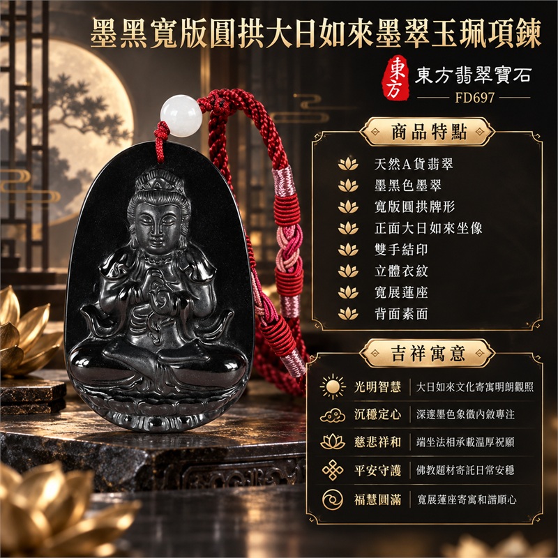 墨黑寬版圓拱大日如來結印寬展蓮座天然墨翠玉珮項鍊｜光明智慧・沉穩定心・慈悲祥和・平安守護・福慧圓滿｜天然A貨翡翠・墨黑色墨翠・寬版圓拱牌形・正面大日如來坐像・雙手結印・立體衣紋・寬展蓮座・背面素面・酒紅雙色編繩・白色頂珠｜緬甸天然A貨翡翠・墨翠玉質｜商品代碼FD697｜可客製訂做各式翡翠大日如來玉珮項鍊｜附FD697東方翡翠寶石保證書 1