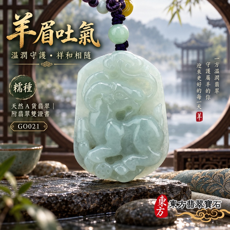 翡翠生肖羊項鍊玉珮｜吉祥納福・溫良和美・福氣安康・事事順遂・平安吉祥・羊眉吐氣・揚眉展志｜天然A貨翡翠・緬甸玉・淡綠色・糯種｜羊眉吐氣｜生肖羊玉珮・羊玉墜・羊吊墜・翡翠羊牌・十二生肖羊項鍊・緬甸玉項鍊・A貨翡翠項鍊｜GO021｜男女翡翠項鍊・送禮收藏｜客製化訂做翡翠羊玉珮、翡翠羊玉墜、翡翠羊吊墜、生肖羊項鍊｜附A貨翡翠雙證書・東方翡翠寶石
