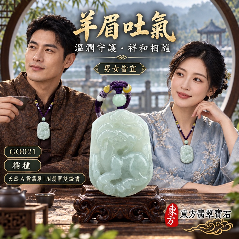 翡翠生肖羊項鍊玉珮｜吉祥納福・溫良和美・福氣安康・事事順遂・平安吉祥・羊眉吐氣・揚眉展志｜天然A貨翡翠・緬甸玉・淡綠色・糯種｜羊眉吐氣｜生肖羊玉珮・羊玉墜・羊吊墜・翡翠羊牌・十二生肖羊項鍊・緬甸玉項鍊・A貨翡翠項鍊｜GO021｜男女翡翠項鍊・送禮收藏｜客製化訂做翡翠羊玉珮、翡翠羊玉墜、翡翠羊吊墜、生肖羊項鍊｜附A貨翡翠雙證書・東方翡翠寶石