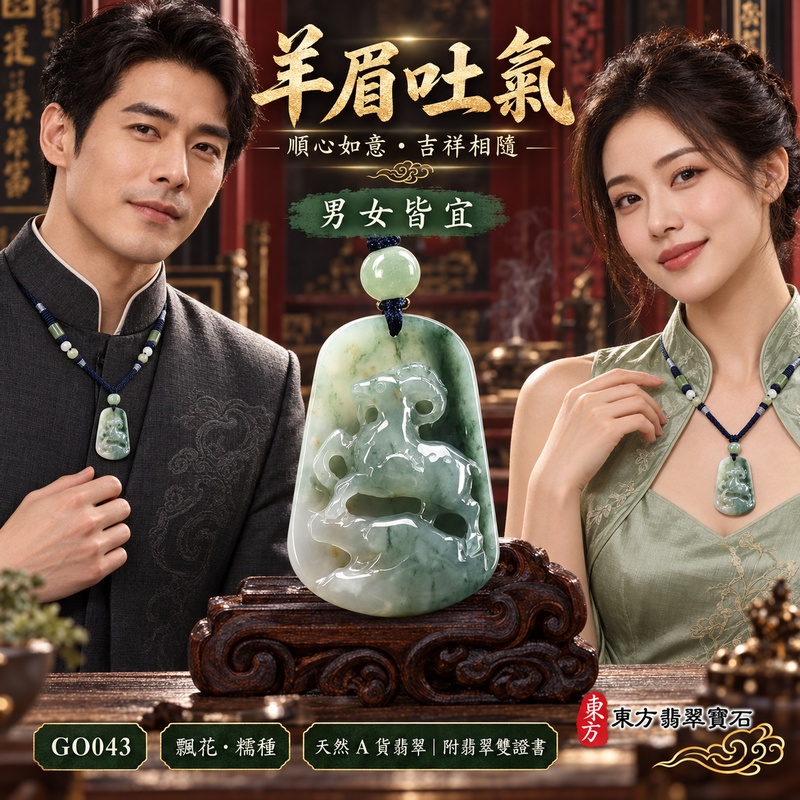 已售出可訂做｜翡翠生肖羊項鍊玉珮｜吉祥納福・溫良和美・福氣安康・事事順遂・平安吉祥・羊眉吐氣・揚眉展志｜天然A貨翡翠・緬甸玉・淺綠・糯種・帶飄花｜羊眉吐氣、洋洋如意｜生肖羊玉珮・羊玉墜・羊吊墜・翡翠羊牌・十二生肖羊項鍊・緬甸玉項鍊・A貨翡翠項鍊｜GO043｜男女翡翠項鍊・送禮收藏｜客製化訂做翡翠羊玉珮、翡翠羊玉墜、翡翠羊吊墜、生肖羊項鍊｜附A貨翡翠雙證書・東方翡翠寶石