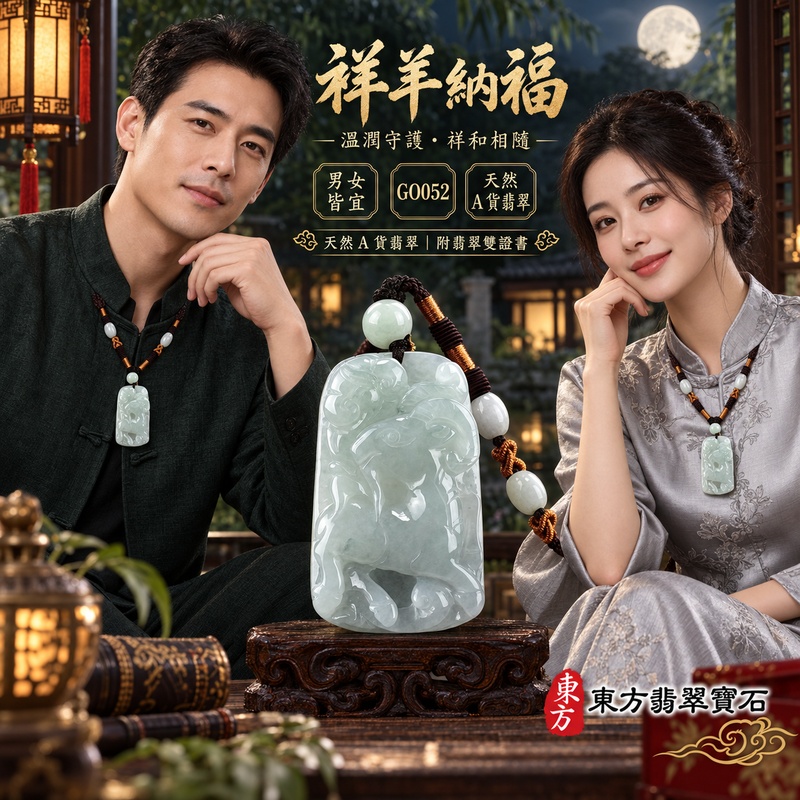 已售出可訂做｜翡翠生肖羊項鍊玉珮｜吉祥納福・溫良和美・福氣安康・事事順遂・平安吉祥・三陽開泰｜天然A貨翡翠・緬甸玉・淡綠・糯種｜三羊開泰｜生肖羊玉珮・羊玉墜・羊吊墜・翡翠羊牌・十二生肖羊項鍊・緬甸玉項鍊・A貨翡翠項鍊｜GO052｜男女翡翠項鍊・送禮收藏｜客製化訂做翡翠羊玉珮、翡翠羊玉墜、翡翠羊吊墜、生肖羊項鍊｜附A貨翡翠雙證書・東方翡翠寶石