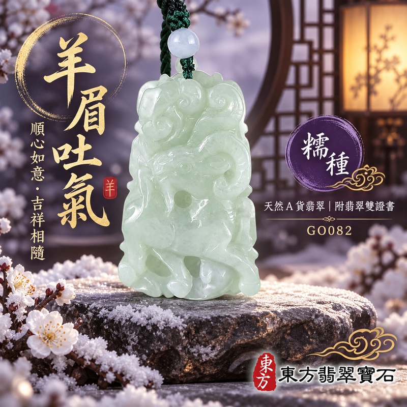 翡翠生肖羊項鍊玉珮｜吉祥納福・溫良和美・福氣安康・事事順遂・平安吉祥・羊眉吐氣・揚眉展志｜天然A貨翡翠・緬甸玉・淡綠・糯種｜羊眉吐氣、洋洋如意｜生肖羊玉珮・羊玉墜・羊吊墜・翡翠羊牌・十二生肖羊項鍊・緬甸玉項鍊・A貨翡翠項鍊｜GO082｜男女翡翠項鍊・送禮收藏｜客製化訂做翡翠羊玉珮、翡翠羊玉墜、翡翠羊吊墜、生肖羊項鍊｜附A貨翡翠雙證書・東方翡翠寶石