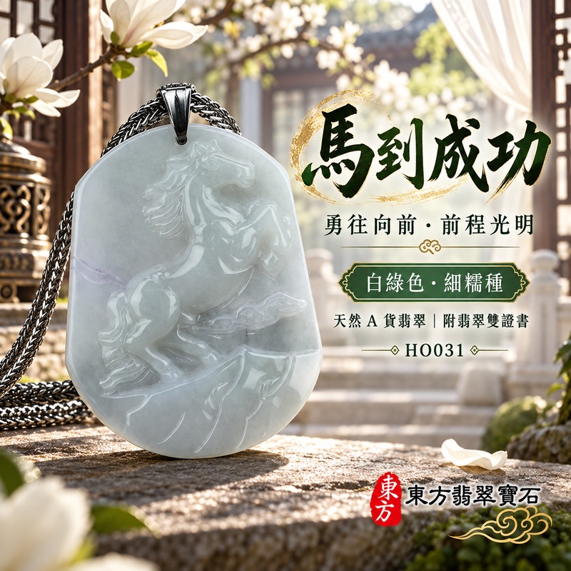 已售出可訂做｜翡翠生肖馬項鍊玉珮｜馬到成功・一馬當先・事業精進・前程順遂・平安吉祥｜天然A貨翡翠・緬甸玉・淡白綠色・細糯種｜馬到成功｜生肖馬玉珮・馬玉墜・馬吊墜・翡翠馬牌・十二生肖馬項鍊・緬甸玉項鍊・A貨翡翠項鍊｜HO031｜男女翡翠項鍊・送禮收藏｜客製化訂做翡翠馬玉珮、翡翠馬玉墜、翡翠馬吊墜、生肖馬項鍊｜附A貨翡翠雙證書・東方翡翠寶石