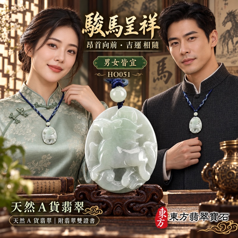 已售出可訂做｜翡翠生肖馬項鍊玉珮｜馬到成功・一馬當先・事業精進・前程順遂・平安吉祥・馬上有錢・招財進寶｜天然A貨翡翠・緬甸玉・淡綠色・糯種｜馬上有錢｜生肖馬玉珮・馬玉墜・馬吊墜・翡翠馬牌・十二生肖馬項鍊・緬甸玉項鍊・A貨翡翠項鍊｜HO051｜男女翡翠項鍊・送禮收藏｜客製化訂做翡翠馬玉珮、翡翠馬玉墜、翡翠馬吊墜、生肖馬項鍊｜附A貨翡翠雙證書・東方翡翠寶石