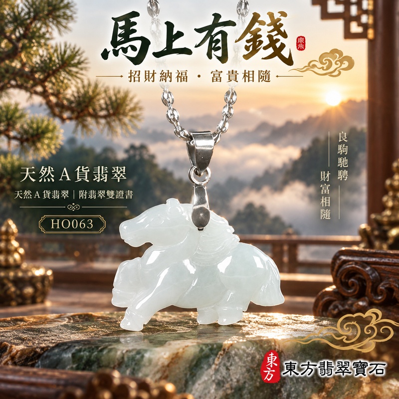 已售出可訂做｜翡翠生肖馬項鍊玉珮｜馬到成功・一馬當先・事業精進・前程順遂・平安吉祥・馬上有錢・招財進寶｜天然A貨翡翠・緬甸玉・綠色・糯種｜馬上有錢｜生肖馬玉珮・馬玉墜・馬吊墜・翡翠馬牌・十二生肖馬項鍊・緬甸玉項鍊・A貨翡翠項鍊｜HO063｜男女翡翠項鍊・送禮收藏｜客製化訂做翡翠馬玉珮、翡翠馬玉墜、翡翠馬吊墜、生肖馬項鍊｜附A貨翡翠雙證書・東方翡翠寶石