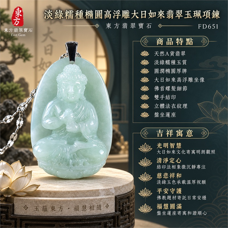 淡綠糯種橢圓厚牌高浮雕大日如來結印蓮座翡翠玉珮項鍊|光明智慧・清淨定心・慈悲祥和・平安守護・福慧圓滿|天然A貨翡翠・淡綠糯種玉質・圓潤橢圓厚牌・大日如來高浮雕坐像・佛首螺髮細節・雙手結印・立體法衣紋理・盤坐蓮座・背面素面・銀色金屬吊頭・銀色花節鍊條|緬甸天然A貨翡翠・綠色糯種|商品代碼FD651|可客製訂做各式翡翠大日如來玉珮項鍊|附中國玉石鑑定所與東方翡翠寶石雙證書 1 淡綠糯種橢圓厚牌高浮雕大日如來結印蓮座翡翠玉珮項鍊|光明智慧・清淨定心・慈悲祥和・平安守護・福慧圓滿|天然A貨翡翠・淡綠糯種玉質・圓潤橢圓厚牌・大日如來高浮雕坐像・佛首螺髮細節・雙手結印・立體法衣紋理・盤坐蓮座・背面素面・銀色金屬吊頭・銀色花節鍊條|緬甸天然A貨翡翠・綠色糯種|商品代碼FD651|可客製訂做各式翡翠大日如來玉珮項鍊|附中國玉石鑑定所與東方翡翠寶石雙證書 1