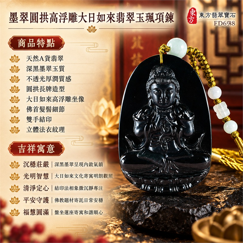 深黑墨翠圓拱厚牌高浮雕大日如來結印蓮座翡翠玉珮項鍊|沉穩莊嚴・光明智慧・清淨定心・平安守護・福慧圓滿|天然A貨翡翠・深黑墨翠玉質・不透光厚潤質感・圓拱長牌造型・大日如來高浮雕坐像・佛首髮髻細節・雙手結印・立體法衣紋理・盤坐蓮花寶座・背面素面・金色編繩・淡色圓珠與方珠|緬甸天然A貨翡翠・墨翠|商品代碼FD698|附東方翡翠寶石保證書 1 深黑墨翠圓拱厚牌高浮雕大日如來結印蓮座翡翠玉珮項鍊|沉穩莊嚴・光明智慧・清淨定心・平安守護・福慧圓滿|天然A貨翡翠・深黑墨翠玉質・不透光厚潤質感・圓拱長牌造型・大日如來高浮雕坐像・佛首髮髻細節・雙手結印・立體法衣紋理・盤坐蓮花寶座・背面素面・金色編繩・淡色圓珠與方珠|緬甸天然A貨翡翠・墨翠|商品代碼FD698|附東方翡翠寶石保證書 1