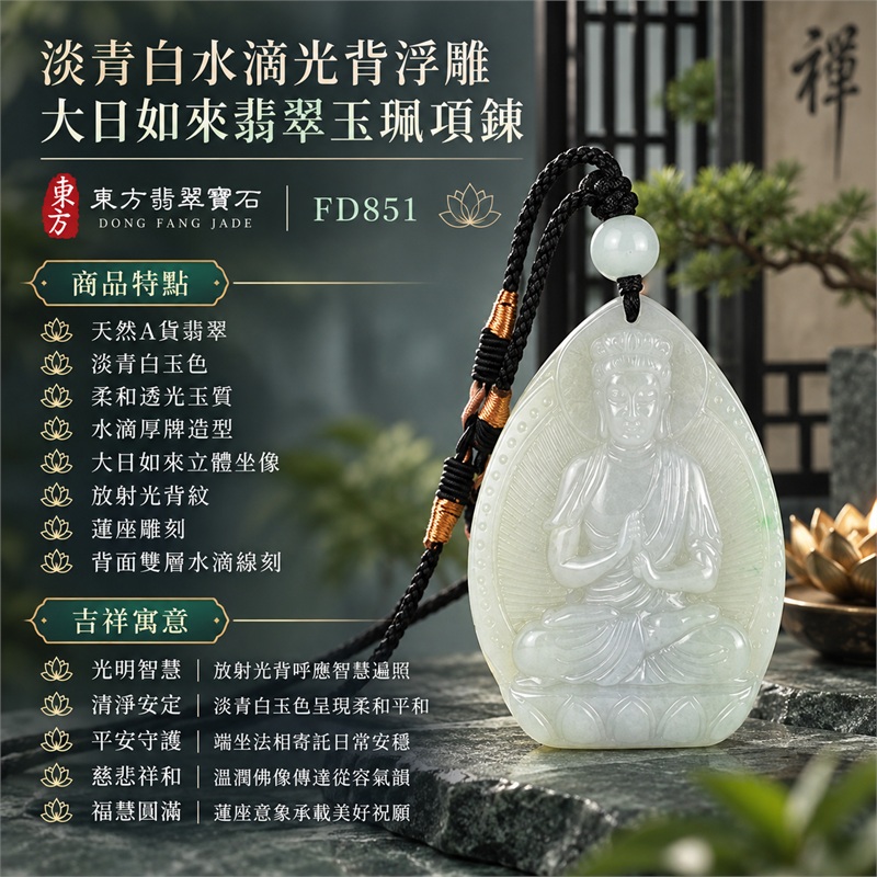 淡青白水滴厚牌放射光背浮雕大日如來蓮座翡翠玉珮項鍊|光明智慧・清淨安定・平安守護・慈悲祥和・福慧圓滿|天然A貨翡翠・淡青白玉色・柔和透光玉質・水滴厚牌造型・大日如來立體坐像・放射光背紋・蓮座雕刻・背面雙層水滴線刻・黑色編繩・淡青白圓珠・橙金繞線|緬甸天然A貨翡翠・淡青白糯種|商品代碼FD851|可客製化訂做各式大日如來翡翠玉珮項鍊|附中國玉石鑑定所與東方翡翠寶石雙證書 1 淡青白水滴厚牌放射光背浮雕大日如來蓮座翡翠玉珮項鍊|光明智慧・清淨安定・平安守護・慈悲祥和・福慧圓滿|天然A貨翡翠・淡青白玉色・柔和透光玉質・水滴厚牌造型・大日如來立體坐像・放射光背紋・蓮座雕刻・背面雙層水滴線刻・黑色編繩・淡青白圓珠・橙金繞線|緬甸天然A貨翡翠・淡青白糯種|商品代碼FD851|可客製化訂做各式大日如來翡翠玉珮項鍊|附中國玉石鑑定所與東方翡翠寶石雙證書 1