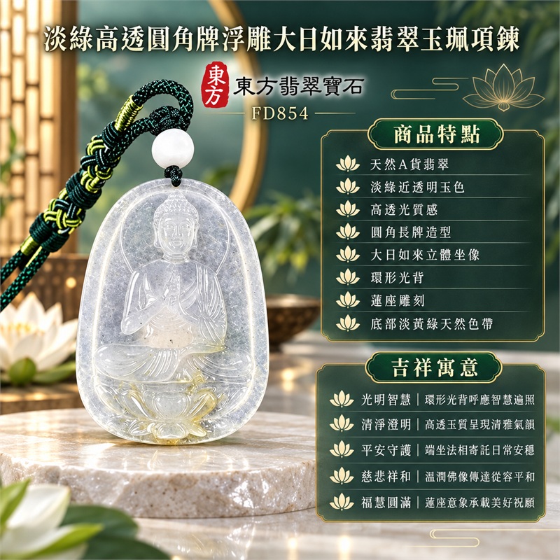 淡綠高透圓角長牌浮雕大日如來光背蓮座翡翠玉珮項鍊|光明智慧・清淨澄明・平安守護・慈悲祥和・福慧圓滿|天然A貨翡翠・淡綠近透明玉色・高透光質感・圓角長牌造型・大日如來立體坐像・環形光背・蓮座雕刻・底部淡黃綠天然色帶・背面素面・深綠編繩・白色圓珠|緬甸天然A貨翡翠・淡綠糯種|商品代碼FD854|可客製化訂做各式大日如來翡翠玉珮項鍊|附中國玉石鑑定所與東方翡翠寶石雙證書 1 淡綠高透圓角長牌浮雕大日如來光背蓮座翡翠玉珮項鍊|光明智慧・清淨澄明・平安守護・慈悲祥和・福慧圓滿|天然A貨翡翠・淡綠近透明玉色・高透光質感・圓角長牌造型・大日如來立體坐像・環形光背・蓮座雕刻・底部淡黃綠天然色帶・背面素面・深綠編繩・白色圓珠|緬甸天然A貨翡翠・淡綠糯種|商品代碼FD854|可客製化訂做各式大日如來翡翠玉珮項鍊|附中國玉石鑑定所與東方翡翠寶石雙證書 1