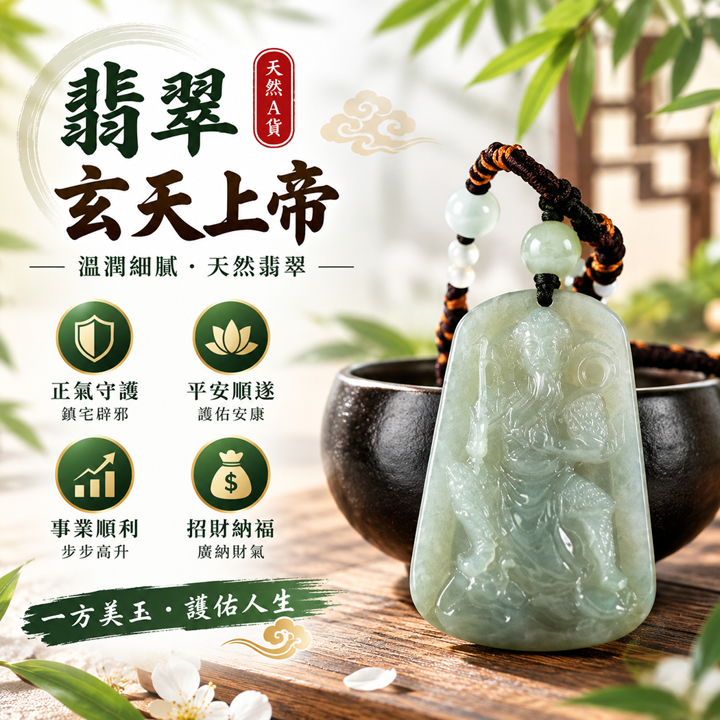 翡翠玄天上帝項鍊玉珮｜天然A貨翡翠玄天上帝牌｜翡翠玄天上帝玉珮｜緬甸玉玄天上帝玉墜・玄天上帝吊墜・翡翠玉珮・翡翠項鍊｜天然翡翠玉珮特色・玄天上帝吉祥文化寓意｜象徵正氣守護、鎮守平安、事業順利、招財納福、貴人相助｜客製化訂做各式翡翠玄天上帝吊墜玉珮項鍊｜附A貨翡翠雙證書｜ST275
