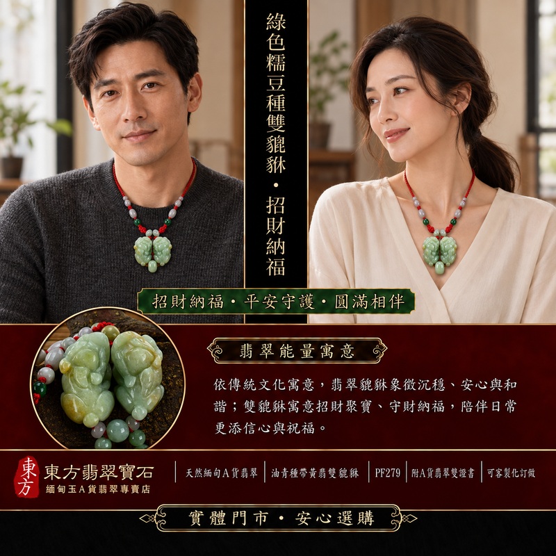 天然緬甸A貨翡翠綠色細豆種帶黃翡雙貔貅項鍊玉珮｜招財進寶・守財聚寶・辟邪護佑・平安吉祥｜男女皆宜玉墜吊墜項鍊｜附中國玉石鑑定所翡翠鑑定證書及東方翡翠寶石保證書｜商品編號PF279｜可洽客製訂做同類款式｜實體門市安心選購・天然玉石收藏送禮推薦
