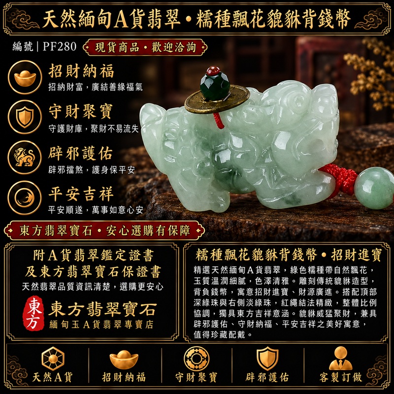 天然緬甸A貨翡翠綠色糯種帶飄花貔貅錢幣項鍊玉珮|招財進寶・守財聚寶・辟邪護佑・平安吉祥|男女皆宜玉墜吊墜項鍊|附中國玉石鑑定所翡翠鑑定證書及東方翡翠寶石保證書|商品編號PF280|可洽客製訂做同類款式|實體門市安心選購・天然玉石收藏送禮推薦 天然緬甸A貨翡翠綠色糯種帶飄花貔貅錢幣項鍊玉珮|招財進寶・守財聚寶・辟邪護佑・平安吉祥|男女皆宜玉墜吊墜項鍊|附中國玉石鑑定所翡翠鑑定證書及東方翡翠寶石保證書|商品編號PF280|可洽客製訂做同類款式|實體門市安心選購・天然玉石收藏送禮推薦