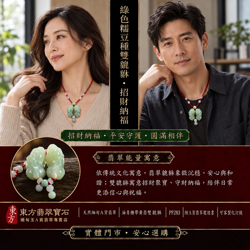天然緬甸A貨翡翠綠色白底青種帶飄花雙貔貅項鍊玉珮|招財進寶・守財聚寶・辟邪護佑・平安吉祥|男女皆宜玉墜吊墜項鍊|附中國玉石鑑定所翡翠鑑定證書及東方翡翠寶石保證書|商品編號PF283|可洽客製訂做同類款式|實體門市安心選購・天然玉石收藏送禮推薦 天然緬甸A貨翡翠綠色白底青種帶飄花雙貔貅項鍊玉珮|招財進寶・守財聚寶・辟邪護佑・平安吉祥|男女皆宜玉墜吊墜項鍊|附中國玉石鑑定所翡翠鑑定證書及東方翡翠寶石保證書|商品編號PF283|可洽客製訂做同類款式|實體門市安心選購・天然玉石收藏送禮推薦
