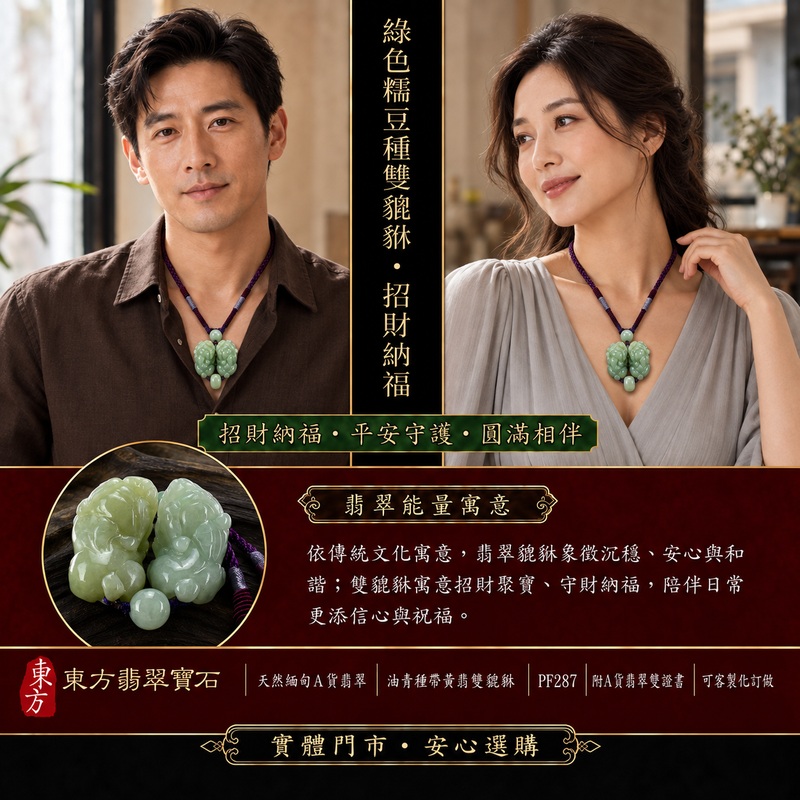 天然緬甸A貨翡翠綠色糯種雙貔貅項鍊玉珮|招財進寶・守財聚寶・辟邪護佑・平安吉祥|男女皆宜玉墜吊墜項鍊|附中國玉石鑑定所翡翠鑑定證書及東方翡翠寶石保證書|商品編號PF287|可洽客製訂做同類款式|實體門市安心選購・天然玉石收藏送禮推薦 天然緬甸A貨翡翠綠色糯種雙貔貅項鍊玉珮|招財進寶・守財聚寶・辟邪護佑・平安吉祥|男女皆宜玉墜吊墜項鍊|附中國玉石鑑定所翡翠鑑定證書及東方翡翠寶石保證書|商品編號PF287|可洽客製訂做同類款式|實體門市安心選購・天然玉石收藏送禮推薦