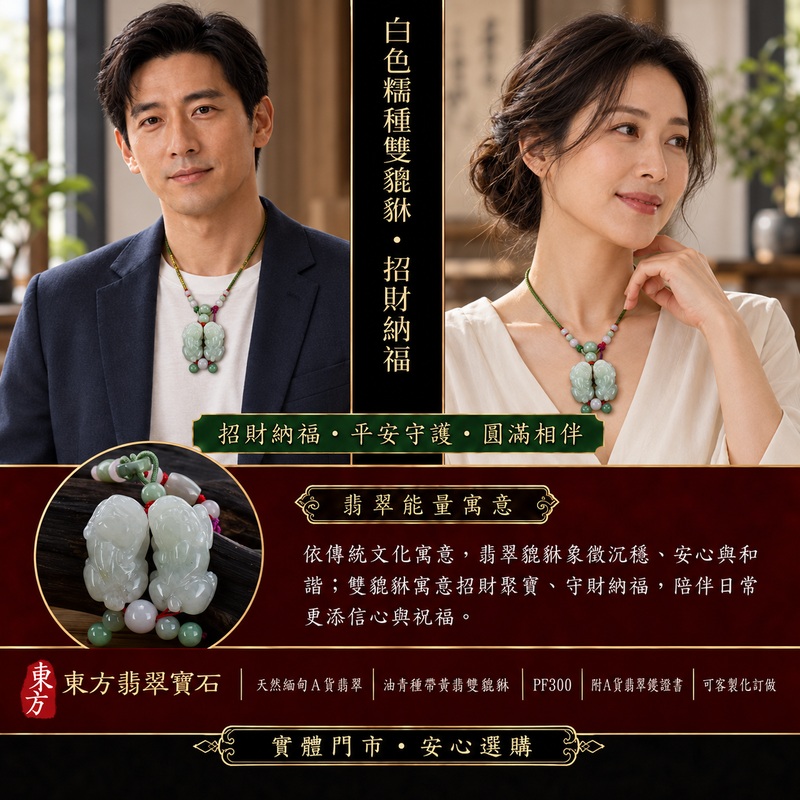 天然緬甸A貨翡翠白色糯種雙貔貅項鍊玉珮｜招財進寶・守財聚寶・辟邪護佑・平安吉祥｜男女皆宜玉墜吊墜項鍊｜附中國玉石鑑定所翡翠鑑定證書及東方翡翠寶石保證書｜商品編號PF300｜可洽客製訂做同類款式｜實體門市安心選購・天然玉石收藏送禮推薦
