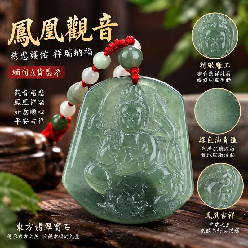 綠色油青種鳳凰觀音 I 慈悲護佑 GY301 鳳凰呈祥如意納福 I 緬甸A貨翡翠附雙證書1