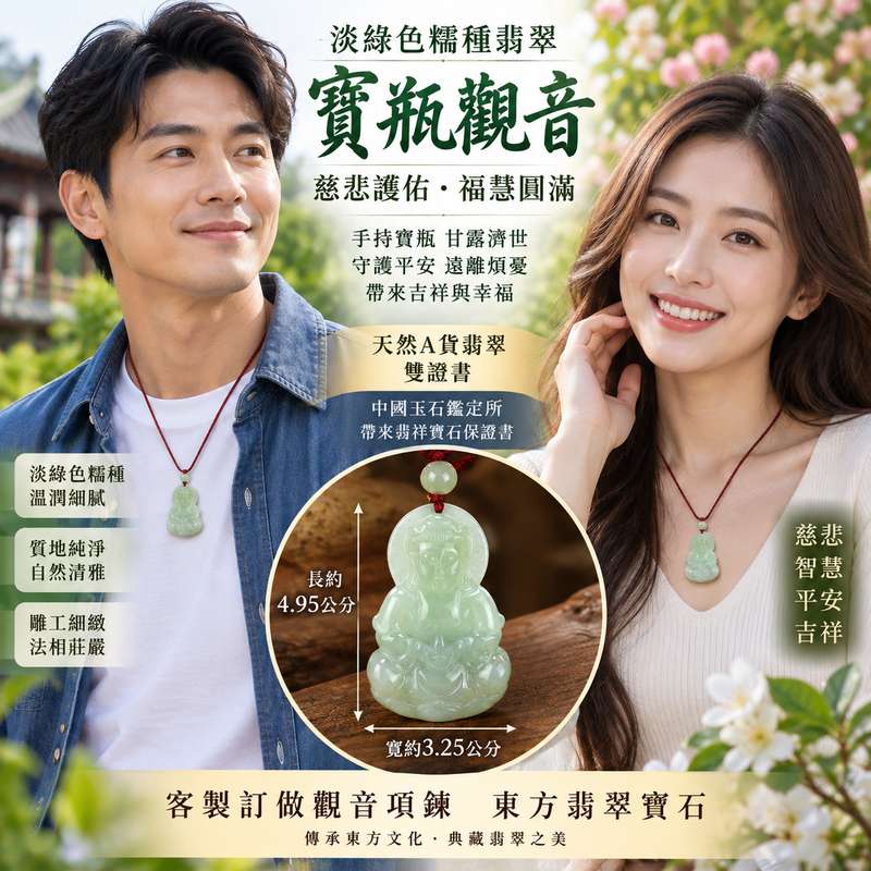 （已出售勿下標，可訂做）淡綠色糯種寶瓶觀音翡翠玉珮 I 慈悲護佑平安吉祥 GY781 福慧圓滿 I 緬甸A貨翡翠觀世音菩薩玉墜 I 客製化訂做觀音項鍊 I 附A貨翡翠雙證書2