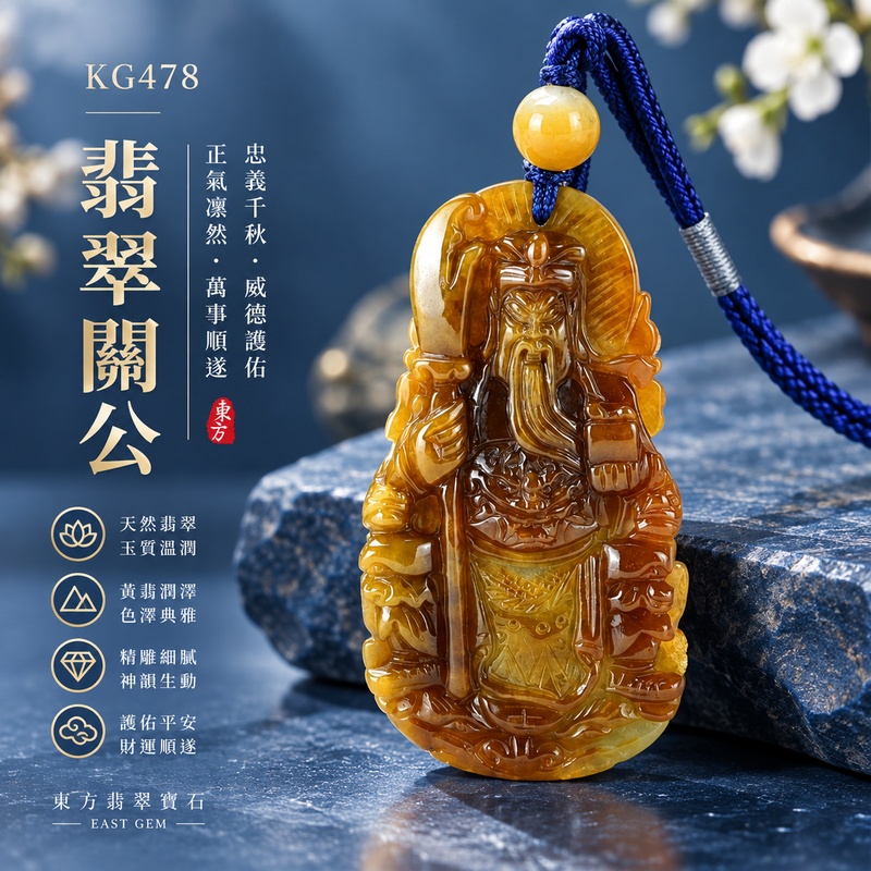 翡翠關公項鍊玉珮｜關聖帝君持刀立威・威信卓立・決斷有方・守財興業・功業豐成・福祿長盛｜A貨翡翠糯種黃翡・金黃濃郁・深淺相映・玉質溫潤・立體精雕｜緬甸玉關公玉墜・關公牌玉珮KG478｜客製化訂做各式翡翠關公吊墜玉珮項鍊｜附A貨翡翠雙證書1