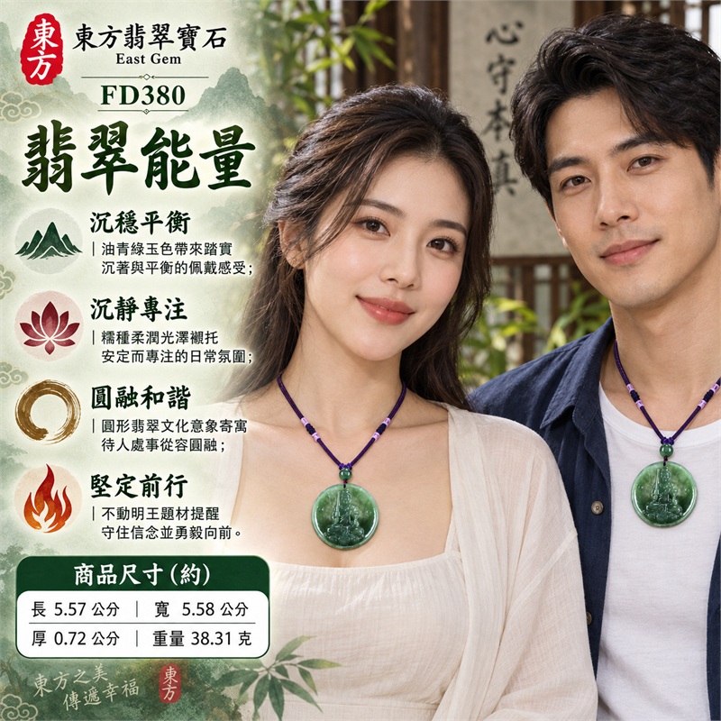 油青深綠色糯種圓牌不動明王立體浮雕圓珠編繩翡翠玉珮項鍊|堅定守護・沉著無畏・智慧清明・平安吉祥・勇毅前行|油青深綠糯種玉質・近正圓厚實牌身・正面不動明王立體浮雕・直立寶劍與蓮座雕紋・兩側圓珠式浮雕點綴・背面素面搭配淺浮雕紋飾・深綠圓珠配紫色編繩|緬甸天然A貨翡翠|商品代碼FD380|附中國玉石鑑定所與東方翡翠寶石雙證書 2 油青深綠色糯種圓牌不動明王立體浮雕圓珠編繩翡翠玉珮項鍊|堅定守護・沉著無畏・智慧清明・平安吉祥・勇毅前行|油青深綠糯種玉質・近正圓厚實牌身・正面不動明王立體浮雕・直立寶劍與蓮座雕紋・兩側圓珠式浮雕點綴・背面素面搭配淺浮雕紋飾・深綠圓珠配紫色編繩|緬甸天然A貨翡翠|商品代碼FD380|附中國玉石鑑定所與東方翡翠寶石雙證書 2
