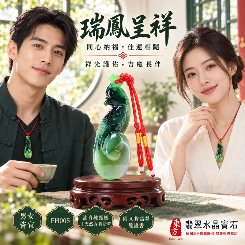 已售出可訂做｜翡翠鳳凰項鍊玉珮｜鳳凰呈祥・祥瑞和合・前程光明・平安吉祥・福運相隨｜天然A貨翡翠・緬甸玉・油青・油青種｜鳳凰｜鳳凰玉珮・鳳凰玉墜・鳳凰吊墜・翡翠鳳凰牌・鳳凰項鍊・緬甸玉項鍊・A貨翡翠項鍊｜FH005｜男女翡翠項鍊・送禮收藏｜客製化訂做翡翠鳳凰玉珮、翡翠鳳凰玉墜、翡翠鳳凰吊墜、翡翠鳳凰項鍊｜附A貨翡翠雙證書・東方翡翠寶石