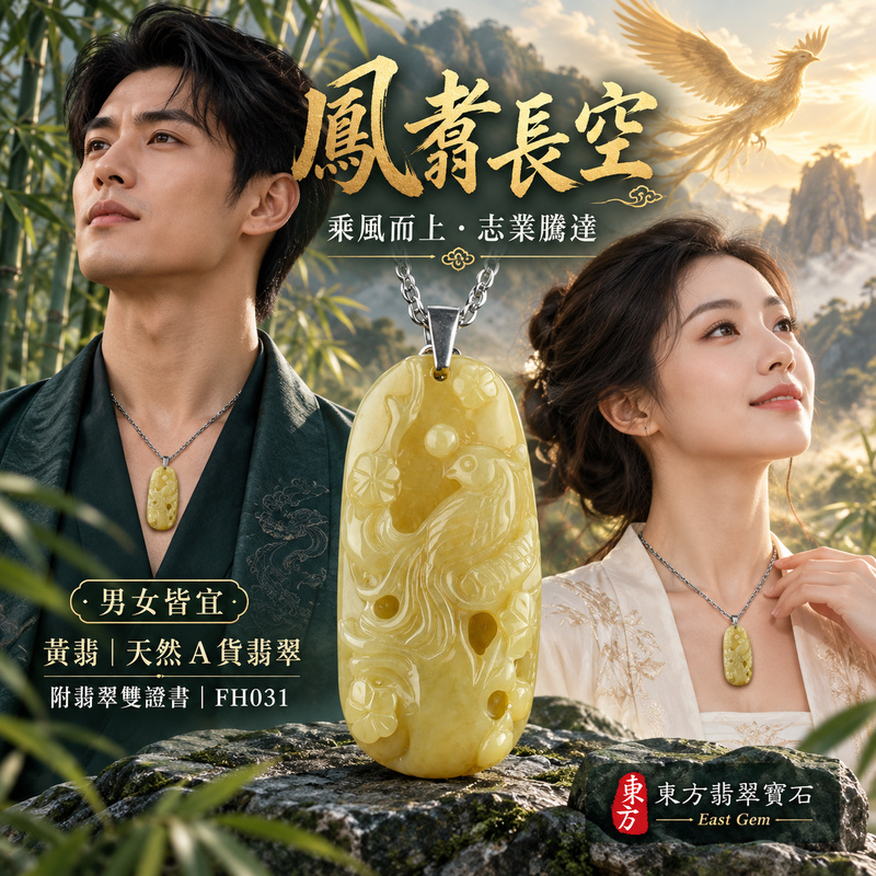 已售出可訂做｜翡翠鳳凰項鍊玉珮｜鳳凰呈祥・祥瑞和合・前程光明・平安吉祥・福運相隨｜天然A貨翡翠・緬甸玉・黃翡翠｜鳴鳳朝陽｜鳳凰玉珮・鳳凰玉墜・鳳凰吊墜・翡翠鳳凰牌・鳳凰項鍊・緬甸玉項鍊・A貨翡翠項鍊｜FH031｜男女翡翠項鍊・送禮收藏｜客製化訂做翡翠鳳凰玉珮、翡翠鳳凰玉墜、翡翠鳳凰吊墜、翡翠鳳凰項鍊｜附A貨翡翠雙證書・東方翡翠寶石