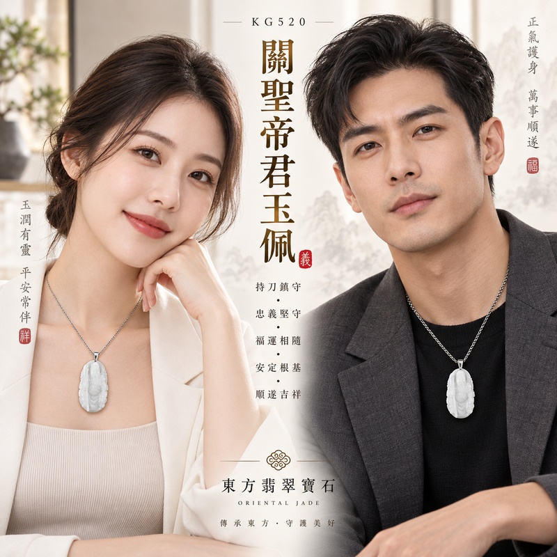 翡翠關公項鍊玉珮｜關聖帝君持刀鎮守・忠義堅守・福運相隨・安定根基・順遂吉祥｜A貨翡翠春帶彩糯種・玉質溫雅・色韻柔和・立體精雕｜緬甸玉關公玉墜・關公牌玉珮KG520｜客製化訂做各式翡翠關公吊墜玉珮項鍊｜附A貨翡翠雙證書2