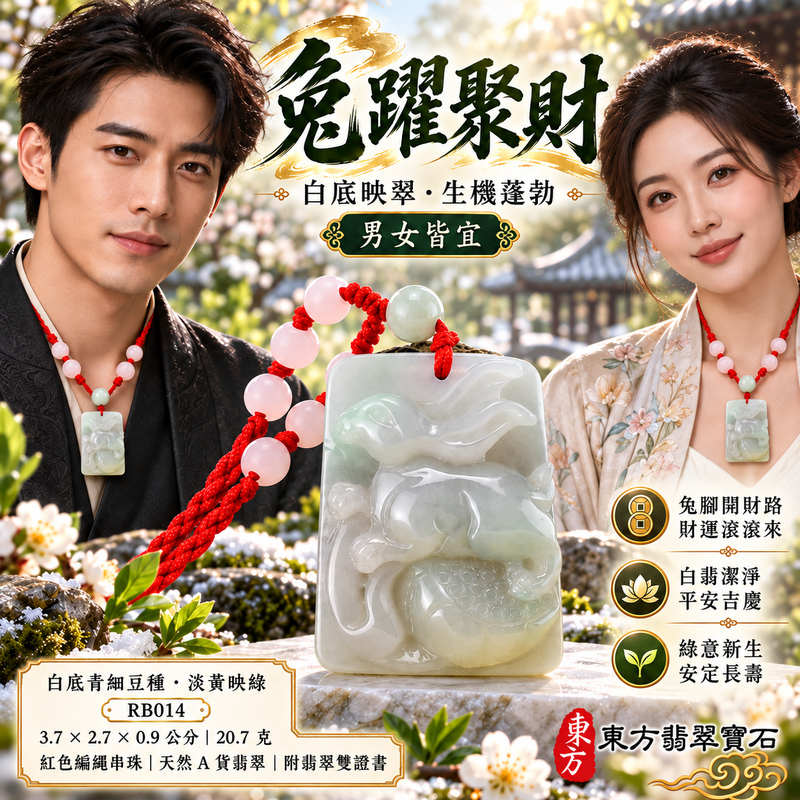 已售出可訂做｜翡翠生肖兔項鍊玉珮｜玉兔呈祥・溫和敏捷・福運相隨・前程順遂・平安吉祥・萬事如意・招財納福｜天然A貨翡翠・緬甸玉・白底青・細豆種｜招財如意兔｜兔玉珮・兔玉墜・兔吊墜・翡翠兔牌・兔項鍊・緬甸玉項鍊・A貨翡翠項鍊｜RB014｜男女翡翠項鍊・送禮收藏｜客製化訂做翡翠兔玉珮、翡翠兔玉墜、翡翠兔吊墜、翡翠兔項鍊｜附A貨翡翠雙證書・東方翡翠寶石