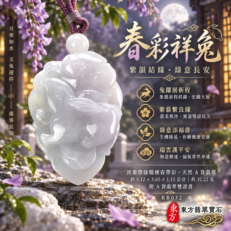 已售出可訂做｜翡翠生肖兔項鍊玉珮｜玉兔呈祥・溫和敏捷・福運相隨・前程順遂・平安吉祥・萬事如意・招財納福｜天然A貨翡翠・緬甸玉・紫色・綠色・糯種・春帶彩｜招財如意兔｜兔玉珮・兔玉墜・兔吊墜・翡翠兔牌・兔項鍊・緬甸玉項鍊・A貨翡翠項鍊｜RB032｜男女翡翠項鍊・送禮收藏｜客製化訂做翡翠兔玉珮、翡翠兔玉墜、翡翠兔吊墜、翡翠兔項鍊｜附A貨翡翠雙證書・東方翡翠寶石