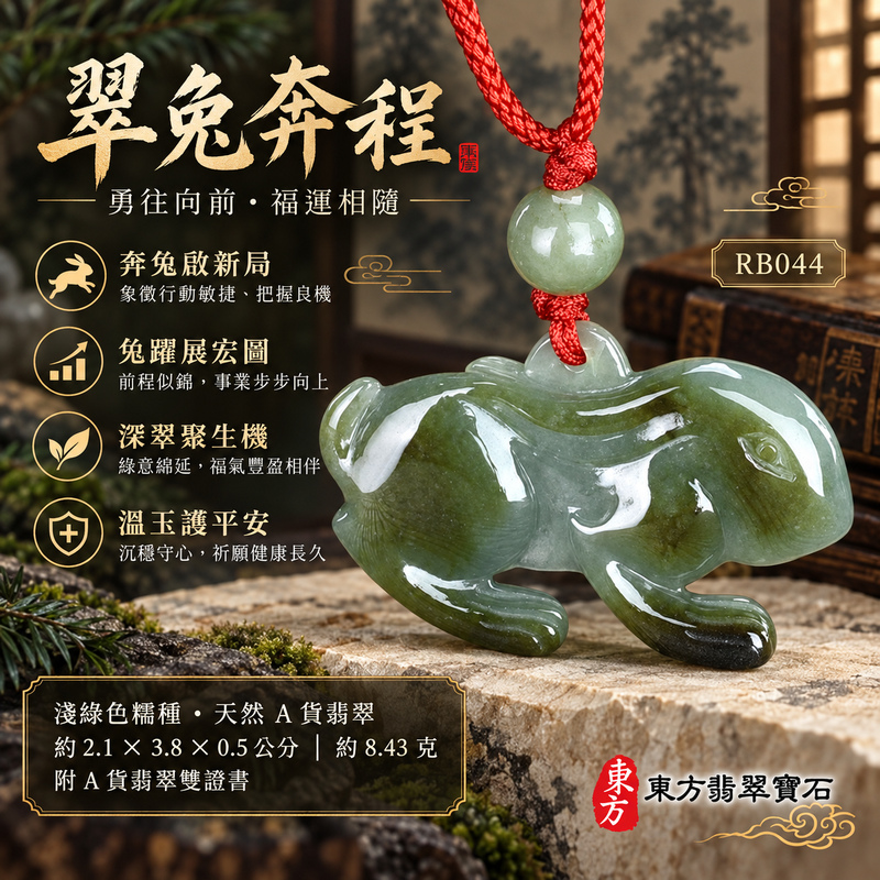 翡翠生肖兔項鍊玉珮｜玉兔呈祥・溫和敏捷・福運相隨・前程順遂・平安吉祥・萬事如意・招財納福｜天然A貨翡翠・緬甸玉・淺綠色・糯種｜招財如意兔｜兔玉珮・兔玉墜・兔吊墜・翡翠兔牌・兔項鍊・緬甸玉項鍊・A貨翡翠項鍊｜RB044｜男女翡翠項鍊・送禮收藏｜客製化訂做翡翠兔玉珮、翡翠兔玉墜、翡翠兔吊墜、翡翠兔項鍊｜附A貨翡翠雙證書・東方翡翠寶石
