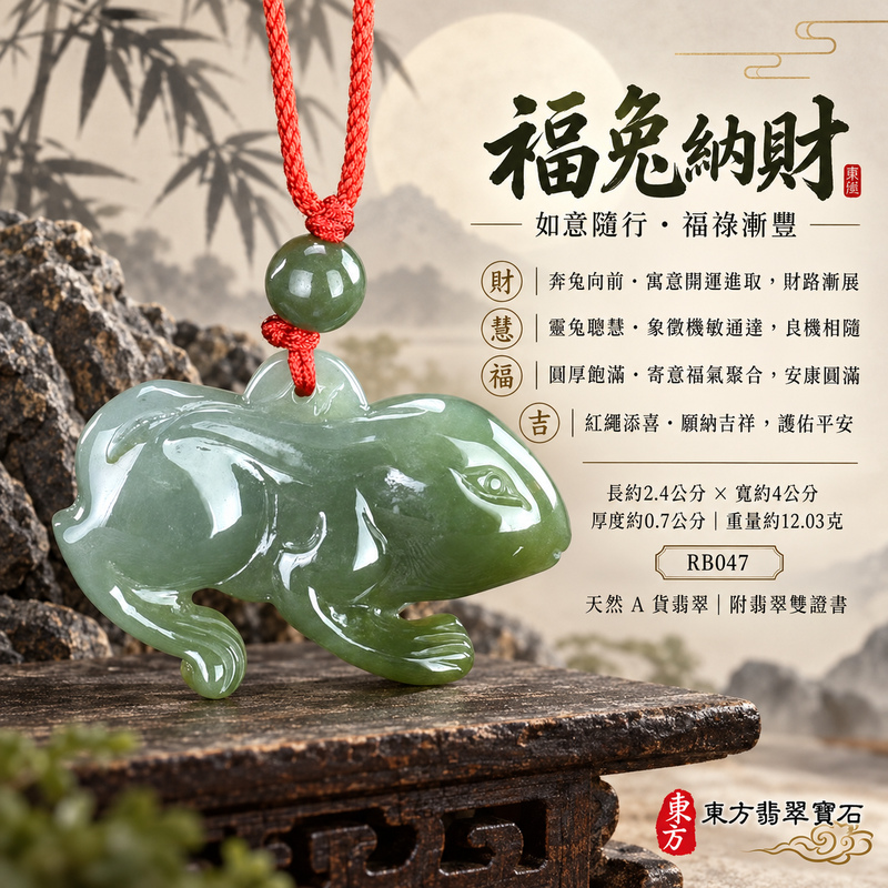 翡翠生肖兔項鍊玉珮｜玉兔呈祥・溫和敏捷・福運相隨・前程順遂・平安吉祥・萬事如意・招財納福｜天然A貨翡翠・緬甸玉・淺綠色・糯種｜招財如意兔｜兔玉珮・兔玉墜・兔吊墜・翡翠兔牌・兔項鍊・緬甸玉項鍊・A貨翡翠項鍊｜RB047｜男女翡翠項鍊・送禮收藏｜客製化訂做翡翠兔玉珮、翡翠兔玉墜、翡翠兔吊墜、翡翠兔項鍊｜附A貨翡翠雙證書・東方翡翠寶石