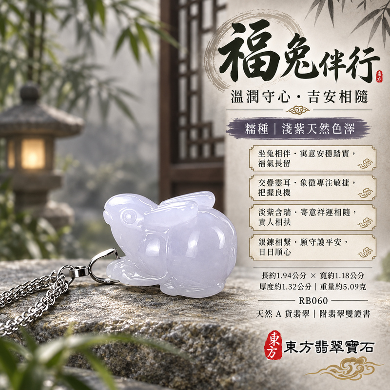 已售出可訂做｜翡翠生肖兔項鍊玉珮｜玉兔呈祥・溫和敏捷・福運相隨・前程順遂・平安吉祥・萬事如意・招財納福｜天然A貨翡翠・緬甸玉・紫色・細糯種｜招財如意兔｜兔玉珮・兔玉墜・兔吊墜・翡翠兔牌・兔項鍊・緬甸玉項鍊・A貨翡翠項鍊｜RB060｜男女翡翠項鍊・送禮收藏｜客製化訂做翡翠兔玉珮、翡翠兔玉墜、翡翠兔吊墜、翡翠兔項鍊｜附A貨翡翠雙證書・東方翡翠寶石