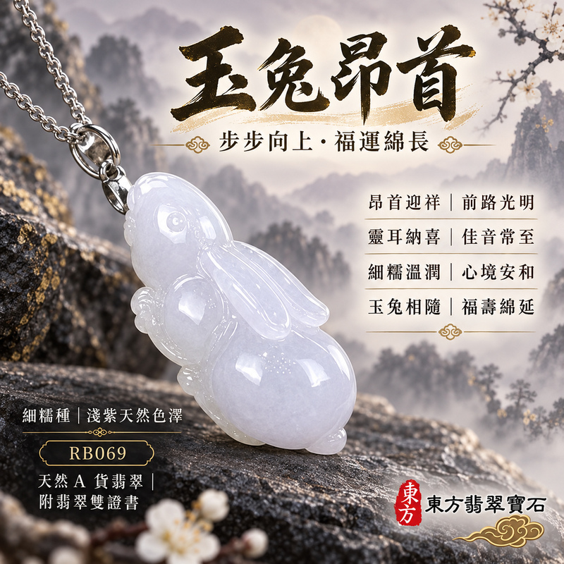 翡翠生肖兔項鍊玉珮｜玉兔呈祥・溫和敏捷・福運相隨・前程順遂・平安吉祥・萬事如意・招財納福｜天然A貨翡翠・緬甸玉・紫色・細糯種｜招財如意兔｜兔玉珮・兔玉墜・兔吊墜・翡翠兔牌・兔項鍊・緬甸玉項鍊・A貨翡翠項鍊｜RB069｜男女翡翠項鍊・送禮收藏｜客製化訂做翡翠兔玉珮、翡翠兔玉墜、翡翠兔吊墜、翡翠兔項鍊｜附A貨翡翠雙證書・東方翡翠寶石