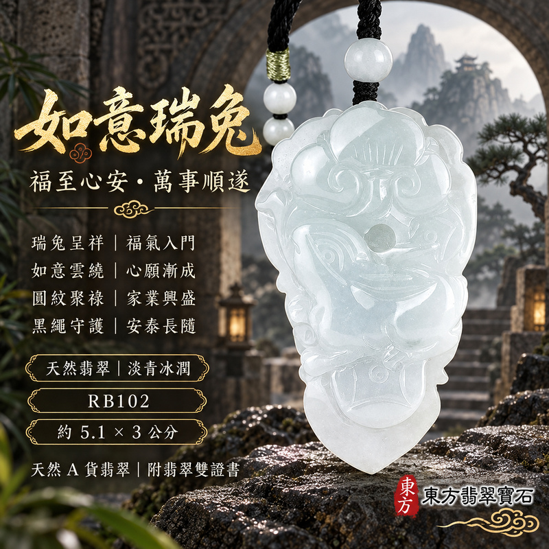 翡翠生肖兔項鍊玉珮｜玉兔呈祥・溫和敏捷・福運相隨・前程順遂・平安吉祥・萬事如意・招財納福｜天然A貨翡翠・緬甸玉｜招財如意兔｜兔玉珮・兔玉墜・兔吊墜・翡翠兔牌・兔項鍊・緬甸玉項鍊・A貨翡翠項鍊｜RB102｜男女翡翠項鍊・送禮收藏｜客製化訂做翡翠兔玉珮、翡翠兔玉墜、翡翠兔吊墜、翡翠兔項鍊｜附A貨翡翠雙證書・東方翡翠寶石