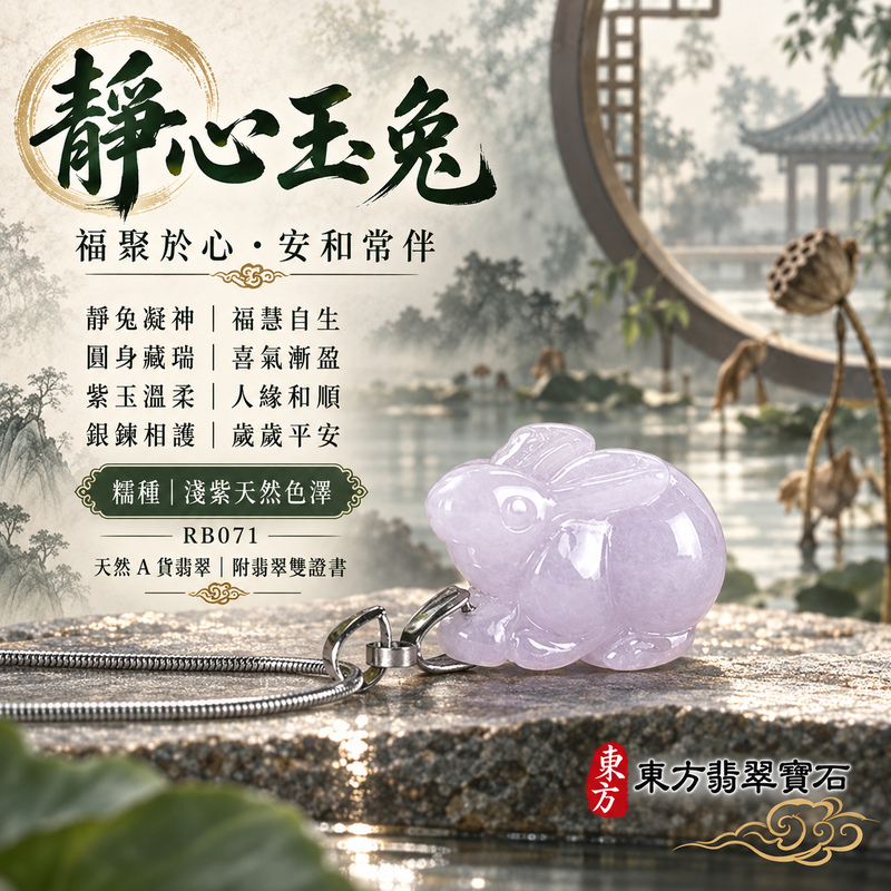 翡翠生肖兔項鍊玉珮｜玉兔呈祥・溫和敏捷・福運相隨・前程順遂・平安吉祥・萬事如意・招財納福｜天然A貨翡翠・緬甸玉・紫色・細糯種｜招財如意兔｜兔玉珮・兔玉墜・兔吊墜・翡翠兔牌・兔項鍊・緬甸玉項鍊・A貨翡翠項鍊｜RB071｜男女翡翠項鍊・送禮收藏｜客製化訂做翡翠兔玉珮、翡翠兔玉墜、翡翠兔吊墜、翡翠兔項鍊｜附A貨翡翠雙證書・東方翡翠寶石