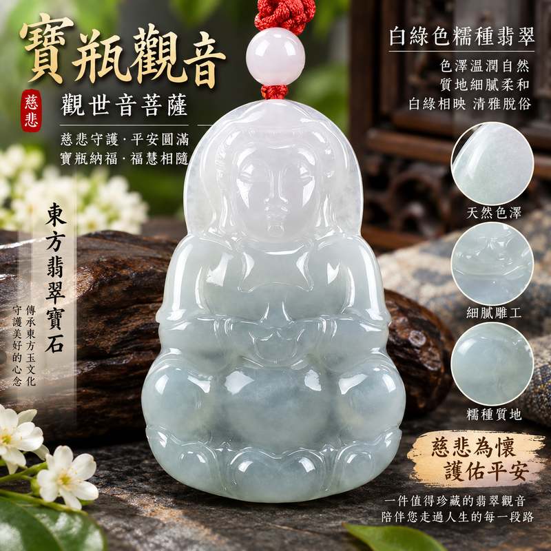 白綠色糯種寶瓶觀音觀世音菩薩翡翠玉珮 I 慈悲守護平安圓滿寶瓶納福 GY1007 吉祥如意福慧相隨 I 緬甸A貨翡翠觀音玉珮附雙證書 I 白綠天然色澤溫潤雅緻 I 傳統玉文化吉祥佩飾 I 適合日常佩戴珍藏送禮祈福傳承 I 觀音慈悲智慧守護寓意1 白綠色糯種寶瓶觀音觀世音菩薩翡翠玉珮 I 慈悲守護平安圓滿寶瓶納福 GY1007 吉祥如意福慧相隨 I 緬甸A貨翡翠觀音玉珮附雙證書 I 白綠天然色澤溫潤雅緻 I 傳統玉文化吉祥佩飾 I 適合日常佩戴珍藏送禮祈福傳承 I 觀音慈悲智慧守護寓意1
