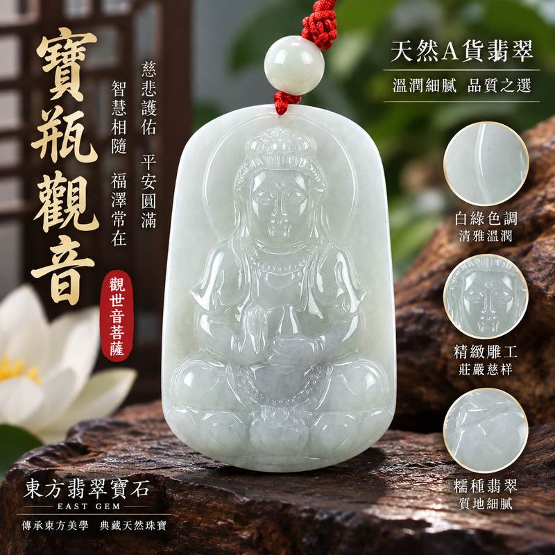 白綠色糯種寶瓶觀音觀世音菩薩翡翠玉珮 I 寶瓶納福慈悲護佑平安吉祥圓滿 GY1026 白綠雙色溫潤玉質典雅雕刻守護祝福 I 緬甸A貨翡翠觀世音菩薩玉珮附雙證書 I 慈悲智慧祥和護佑日常佩戴收藏送禮皆宜 I 寶瓶觀音吉祥寓意傳統玉文化平安祝福珍藏玉墜1