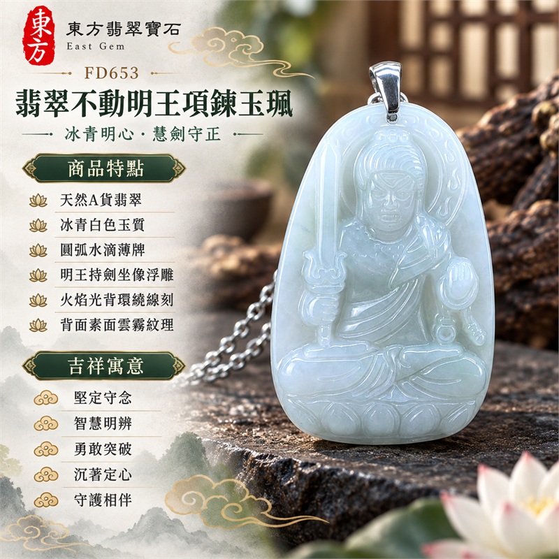 翡翠不動明王項鍊玉珮|堅定守念・智慧明辨・勇敢突破・沉著定心・守護相伴|天然A貨翡翠・冰青白色玉質・圓弧水滴薄牌・明王持劍坐像浮雕・火焰光背環繞線刻・背面素面雲霧紋理|緬甸天然翡翠不動明王冰青白玉墜銀色金屬細鏈項鍊|東方翡翠寶石商品代碼 FD653|附中國玉石鑑定所GS22122800038與東方翡翠寶石保證書FD653雙證書 1 翡翠不動明王項鍊玉珮|堅定守念・智慧明辨・勇敢突破・沉著定心・守護相伴|天然A貨翡翠・冰青白色玉質・圓弧水滴薄牌・明王持劍坐像浮雕・火焰光背環繞線刻・背面素面雲霧紋理|緬甸天然翡翠不動明王冰青白玉墜銀色金屬細鏈項鍊|東方翡翠寶石商品代碼 FD653|附中國玉石鑑定所GS22122800038與東方翡翠寶石保證書FD653雙證書 1