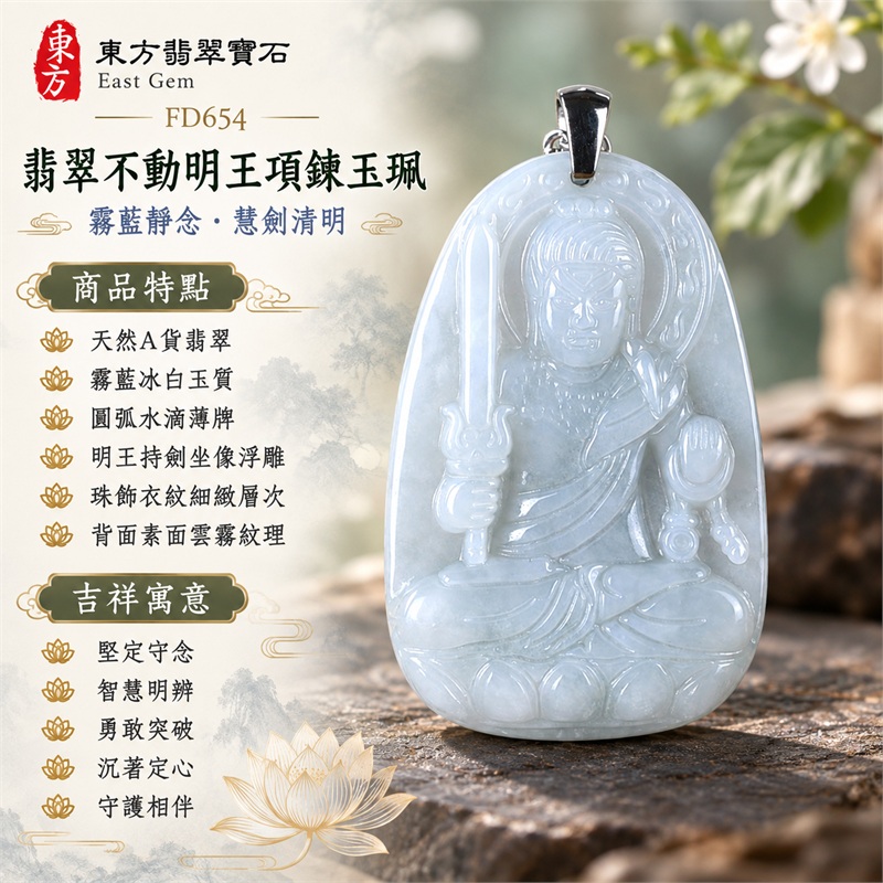 翡翠不動明王項鍊玉珮|堅定守念・智慧明辨・勇敢突破・沉著定心・守護相伴|天然A貨翡翠・霧藍冰白玉質・圓弧水滴薄牌・明王持劍坐像浮雕・珠飾衣紋細緻層次・背面素面雲霧紋理|緬甸天然翡翠不動明王霧藍冰白玉墜銀色金屬細鏈項鍊|東方翡翠寶石商品代碼 FD654|客製化訂做各種翡翠不動明王吊墜玉珮項鍊|附中國玉石鑑定所GS22122800082與東方翡翠寶石保證書FD654雙證書 1 翡翠不動明王項鍊玉珮|堅定守念・智慧明辨・勇敢突破・沉著定心・守護相伴|天然A貨翡翠・霧藍冰白玉質・圓弧水滴薄牌・明王持劍坐像浮雕・珠飾衣紋細緻層次・背面素面雲霧紋理|緬甸天然翡翠不動明王霧藍冰白玉墜銀色金屬細鏈項鍊|東方翡翠寶石商品代碼 FD654|客製化訂做各種翡翠不動明王吊墜玉珮項鍊|附中國玉石鑑定所GS22122800082與東方翡翠寶石保證書FD654雙證書 1