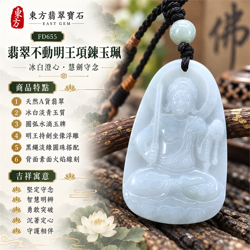 翡翠不動明王項鍊玉珮｜堅定守念・智慧明辨・勇敢突破・沉著定心・守護相伴｜天然A貨翡翠・冰白淡青玉質・圓弧水滴玉牌・明王持劍坐像浮雕・黑繩淡綠圓珠搭配・背面素面火焰線刻｜緬甸天然翡翠不動明王冰白淡青玉墜黑色編繩項鍊｜東方翡翠寶石商品代碼 FD655｜客製化訂做各種翡翠不動明王吊墜玉珮項鍊｜附中國玉石鑑定所GS22122800095與東方翡翠寶石保證書FD655雙證書 1
