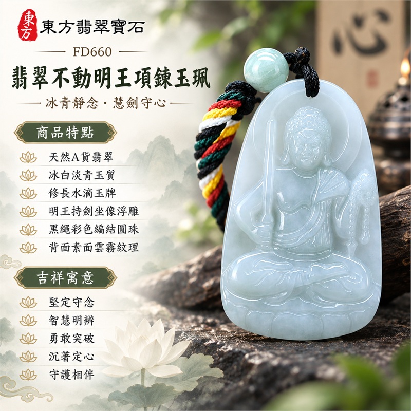 翡翠不動明王項鍊玉珮|堅定守念・智慧明辨・勇敢突破・沉著定心・守護相伴|天然A貨翡翠・冰白淡青玉質・修長水滴玉牌・明王持劍坐像浮雕・黑繩彩色編結圓珠・背面素面雲霧紋理|緬甸天然翡翠不動明王冰白淡青玉墜黑色編繩項鍊|東方翡翠寶石商品代碼 FD660|客製化訂做各種翡翠不動明王吊墜玉珮項鍊|附中國玉石鑑定所GS22122800076與東方翡翠寶石保證書FD660雙證書 1 翡翠不動明王項鍊玉珮|堅定守念・智慧明辨・勇敢突破・沉著定心・守護相伴|天然A貨翡翠・冰白淡青玉質・修長水滴玉牌・明王持劍坐像浮雕・黑繩彩色編結圓珠・背面素面雲霧紋理|緬甸天然翡翠不動明王冰白淡青玉墜黑色編繩項鍊|東方翡翠寶石商品代碼 FD660|客製化訂做各種翡翠不動明王吊墜玉珮項鍊|附中國玉石鑑定所GS22122800076與東方翡翠寶石保證書FD660雙證書 1