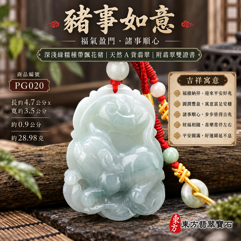 已售出可訂做｜翡翠生肖豬項鍊玉珮｜福氣圓滿・豐足安泰・家庭和樂・福運相隨・平安吉祥・萬事如意｜天然A貨翡翠・緬甸玉・淺綠・糯種・帶飄花｜豬事如意｜豬玉珮・豬玉墜・豬吊墜・翡翠豬牌・豬項鍊・緬甸玉項鍊・A貨翡翠項鍊｜PG020｜男女翡翠項鍊・送禮收藏｜客製化訂做翡翠豬玉珮、翡翠豬玉墜、翡翠豬吊墜、翡翠豬項鍊｜附A貨翡翠雙證書・東方翡翠寶石