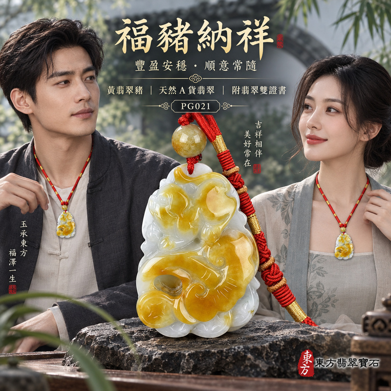 已售出可訂做｜翡翠生肖豬項鍊玉珮｜福氣圓滿・豐足安泰・家庭和樂・福運相隨・平安吉祥・萬事如意｜天然A貨翡翠・緬甸玉・黃翡翠｜豬事如意｜豬玉珮・豬玉墜・豬吊墜・翡翠豬牌・豬項鍊・緬甸玉項鍊・A貨翡翠項鍊｜PG021｜男女翡翠項鍊・送禮收藏｜客製化訂做翡翠豬玉珮、翡翠豬玉墜、翡翠豬吊墜、翡翠豬項鍊｜附A貨翡翠雙證書・東方翡翠寶石