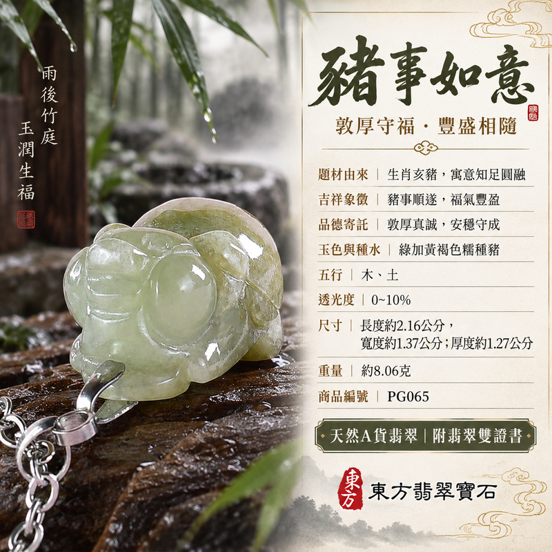 翡翠生肖豬項鍊玉珮｜福氣圓滿・豐足安泰・家庭和樂・福運相隨・平安吉祥・萬事如意｜天然A貨翡翠・緬甸玉・綠加黃褐色・糯種｜豬事如意｜豬玉珮・豬玉墜・豬吊墜・翡翠豬牌・豬項鍊・緬甸玉項鍊・A貨翡翠項鍊｜PG065｜男女翡翠項鍊・送禮收藏｜客製化訂做翡翠豬玉珮、翡翠豬玉墜、翡翠豬吊墜、翡翠豬項鍊｜附A貨翡翠雙證書・東方翡翠寶石