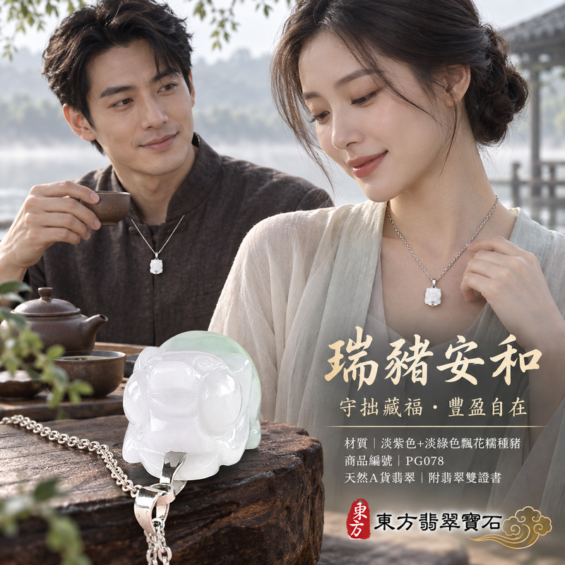 翡翠生肖豬項鍊玉珮｜福氣圓滿・豐足安泰・家庭和樂・福運相隨・平安吉祥・萬事如意｜天然A貨翡翠・緬甸玉・紫色・淡綠色・糯種・飄花｜豬事如意｜豬玉珮・豬玉墜・豬吊墜・翡翠豬牌・豬項鍊・緬甸玉項鍊・A貨翡翠項鍊｜PG078｜男女翡翠項鍊・送禮收藏｜客製化訂做翡翠豬玉珮、翡翠豬玉墜、翡翠豬吊墜、翡翠豬項鍊｜附A貨翡翠雙證書・東方翡翠寶石