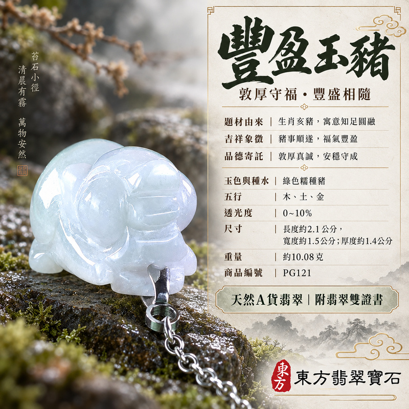 翡翠生肖豬項鍊玉珮｜福氣圓滿・豐足安泰・家庭和樂・福運相隨・平安吉祥・萬事如意｜天然A貨翡翠・緬甸玉・綠色・糯種｜豬事如意｜豬玉珮・豬玉墜・豬吊墜・翡翠豬牌・豬項鍊・緬甸玉項鍊・A貨翡翠項鍊｜PG121｜男女翡翠項鍊・送禮收藏｜客製化訂做翡翠豬玉珮、翡翠豬玉墜、翡翠豬吊墜、翡翠豬項鍊｜附A貨翡翠雙證書・東方翡翠寶石